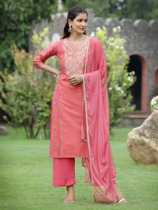 Juniper Pink Chanderi Festive Embroidered Placement Printed Straight Kurta Set