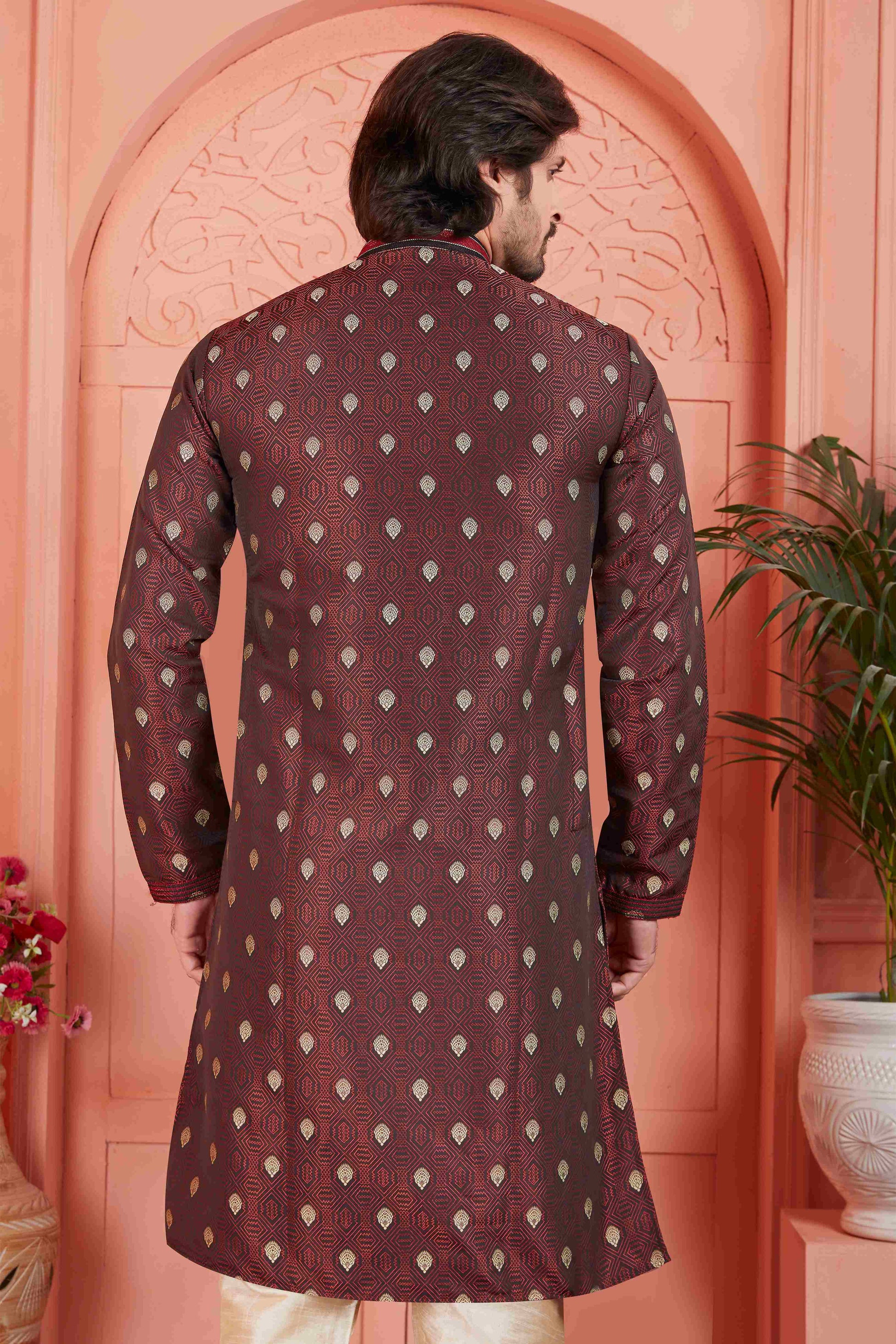 Raivat Ethnic Men's Jacquard Silk Brocade Pintux Work Kurta Pyjama In Brown Colour