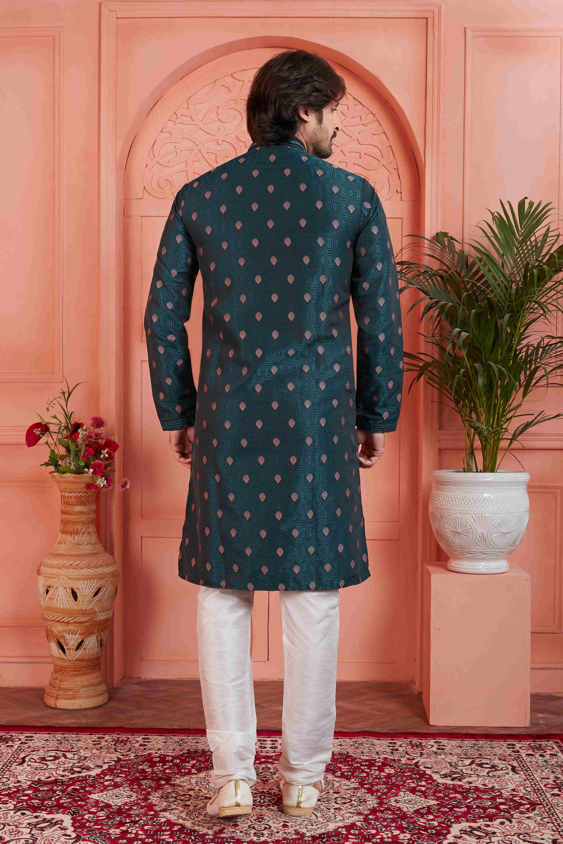 Raivat Ethnic Men's Jacquard Silk Brocade Pintux Work Kurta Pyjama In Teal Blue Colour