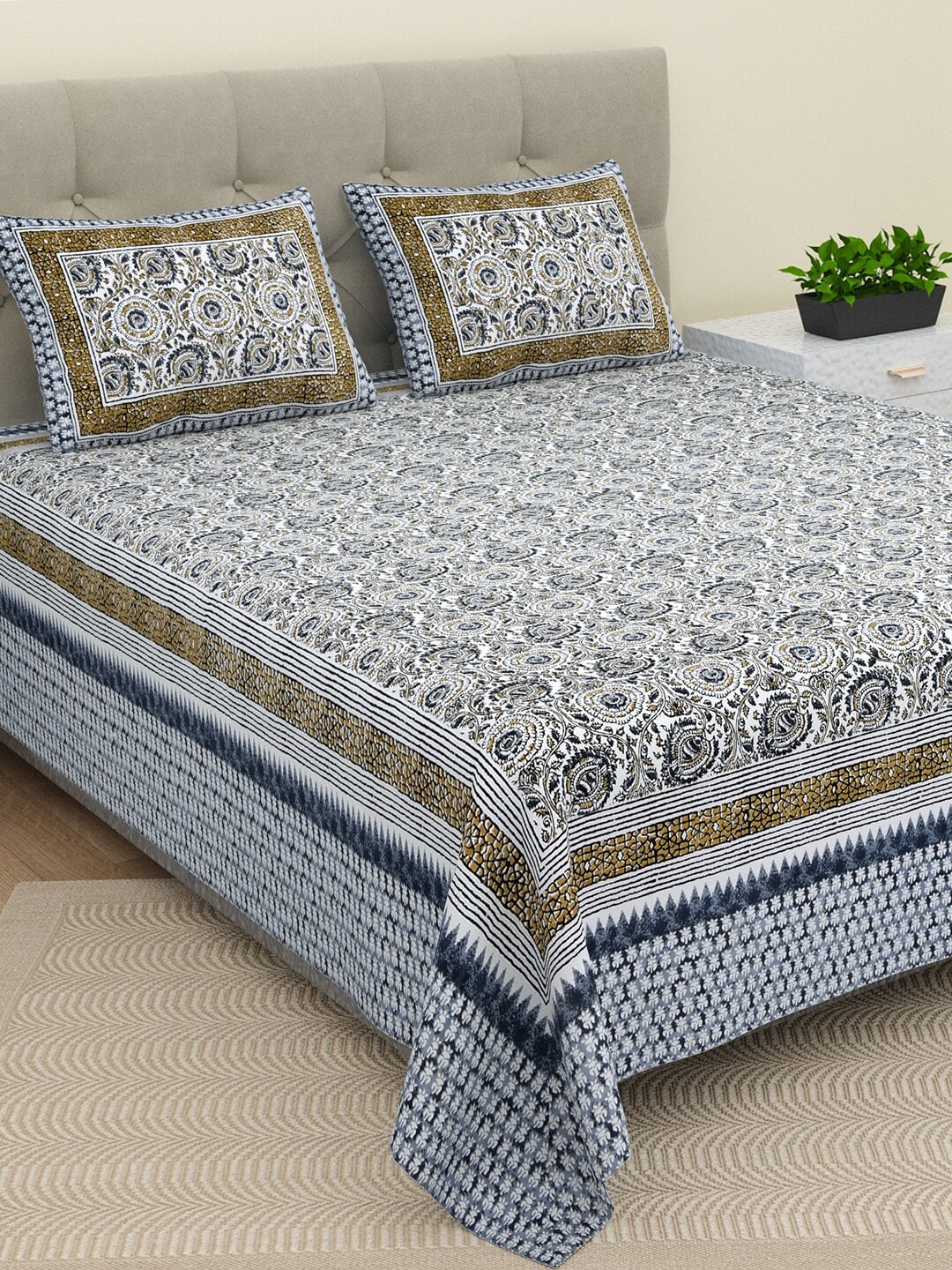 BELLA CASA Ethic White & Blue Printed Cotton 180 TC King Bedsheet with 2 Pillow Covers 