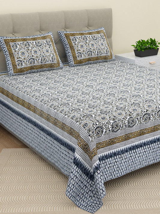 BELLA CASA Ethic White & Blue Printed Cotton 180 TC King Bedsheet with 2 Pillow Covers 