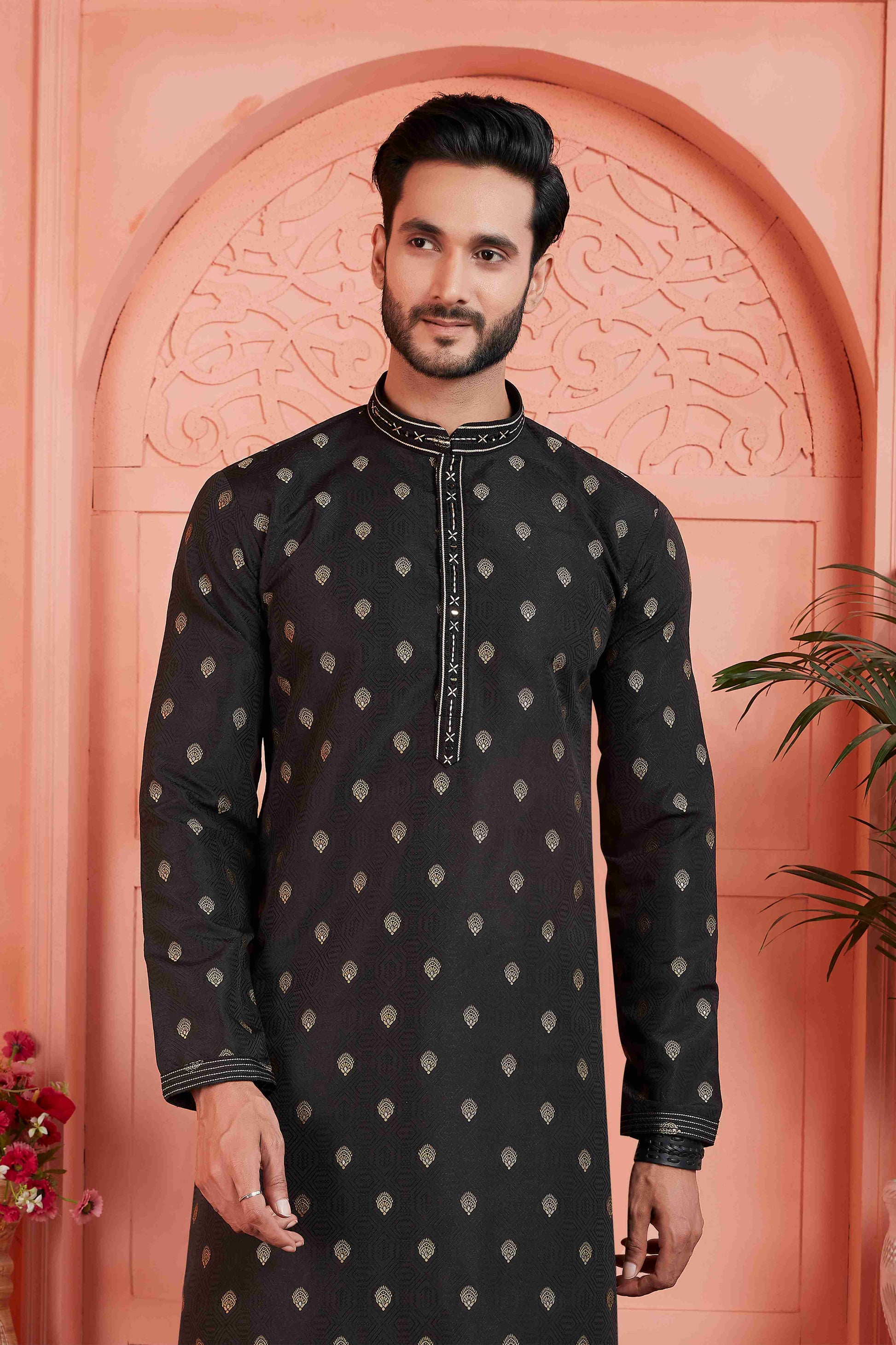 Raivat Ethnic Men's Jacquard Silk Brocade Pintux Work Kurta Pyjama In Black Colour