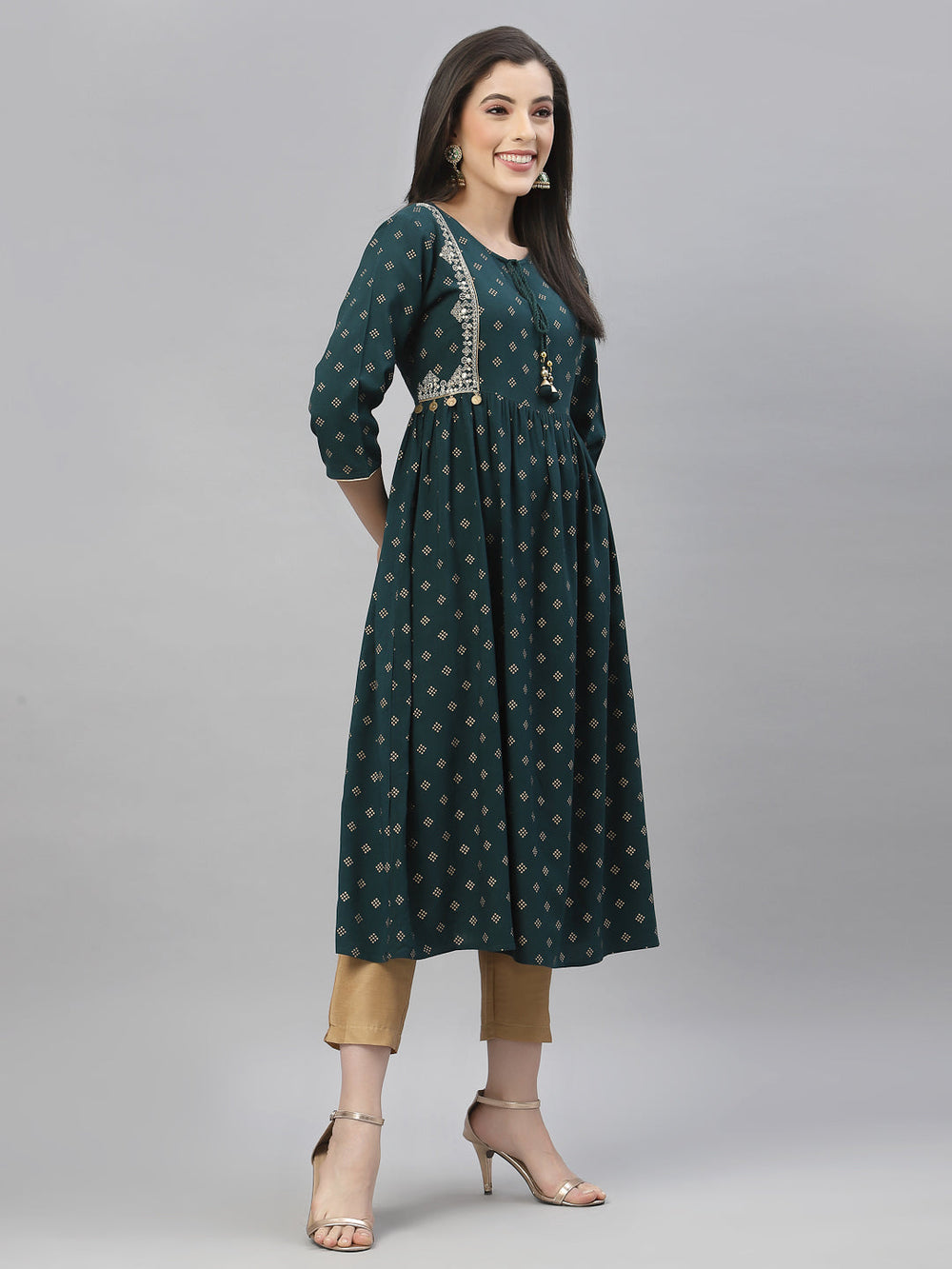 Juniper Green Rayon Festive Wear Embroidered Flared Kurta