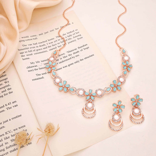 Tehzeeb Creations Rose Gold-Polished Sky Blue Colour Necklace With Stud Tehzeeb Creations
