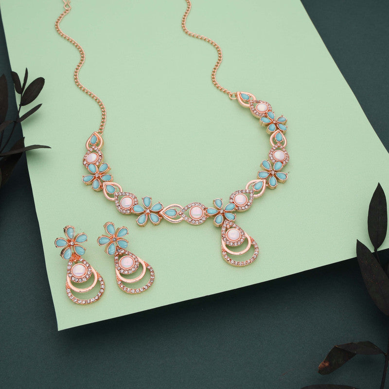 Tehzeeb Creations Rose Gold-Polished Sky Blue Colour Necklace With Stud Tehzeeb Creations