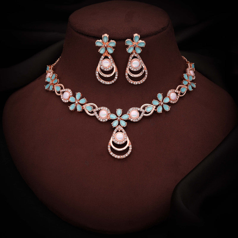 Tehzeeb Creations Rose Gold-Polished Sky Blue Colour Necklace With Stud Tehzeeb Creations