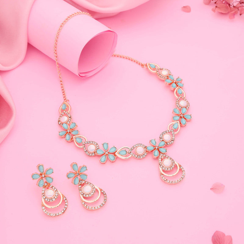 Tehzeeb Creations Rose Gold-Polished Sky Blue Colour Necklace With Stud Tehzeeb Creations