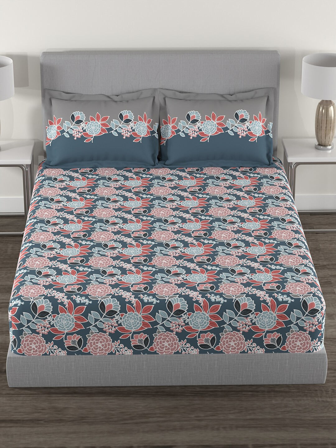 MYTRIDENT Blue Green Floral Cotton 144 TC Queen Bedsheet With 2 Pillow Covers 