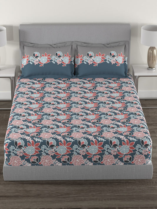 MYTRIDENT Blue Green Floral Cotton 144 TC Queen Bedsheet With 2 Pillow Covers 