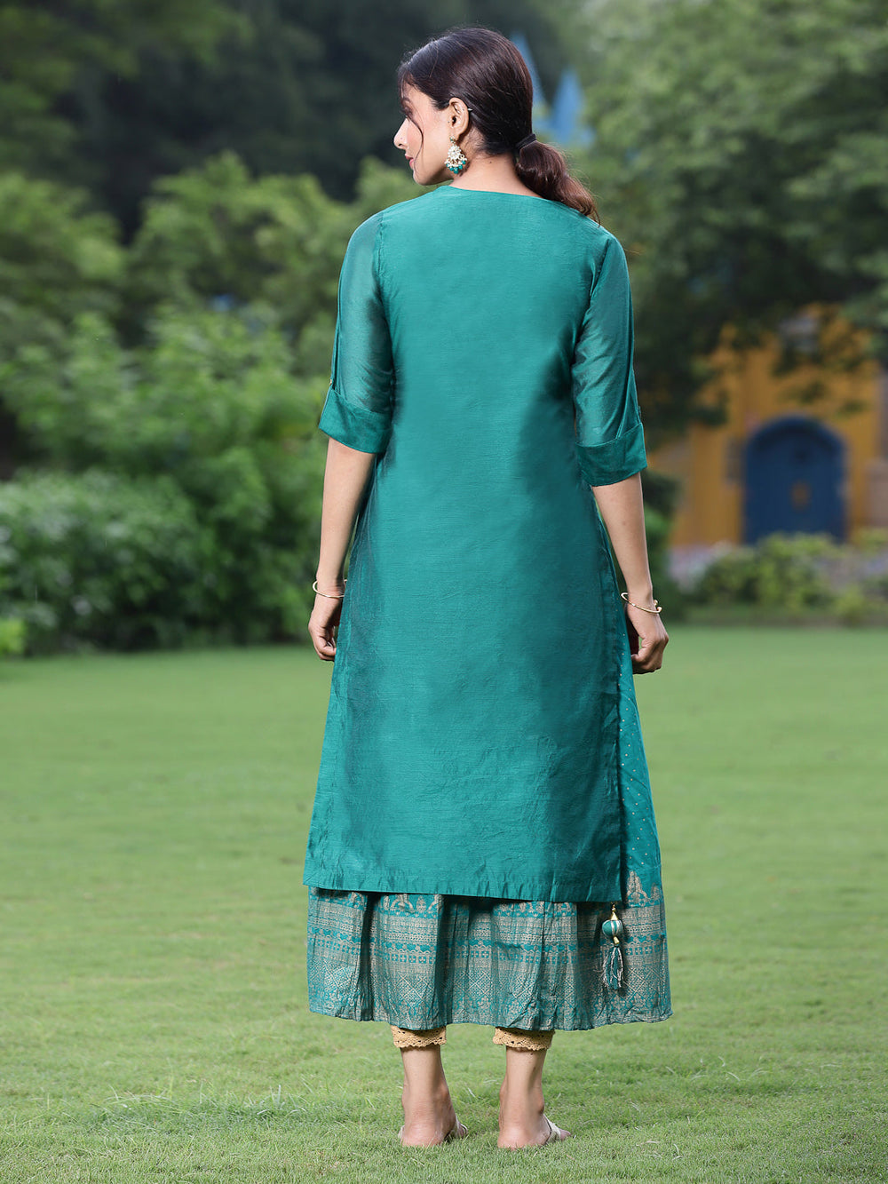 Juniper Women Bottle Green Chanderi Festive Embroidered + Printed Straight/Flared Kurta