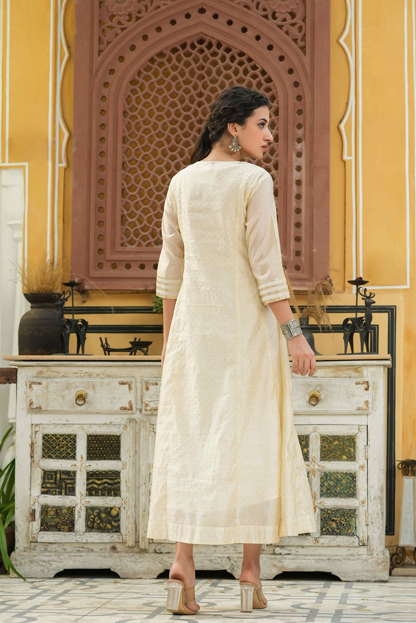 Juniper Beige Chanderi Festive Embroidered Polka Dot Printed Flared Kurta For Women