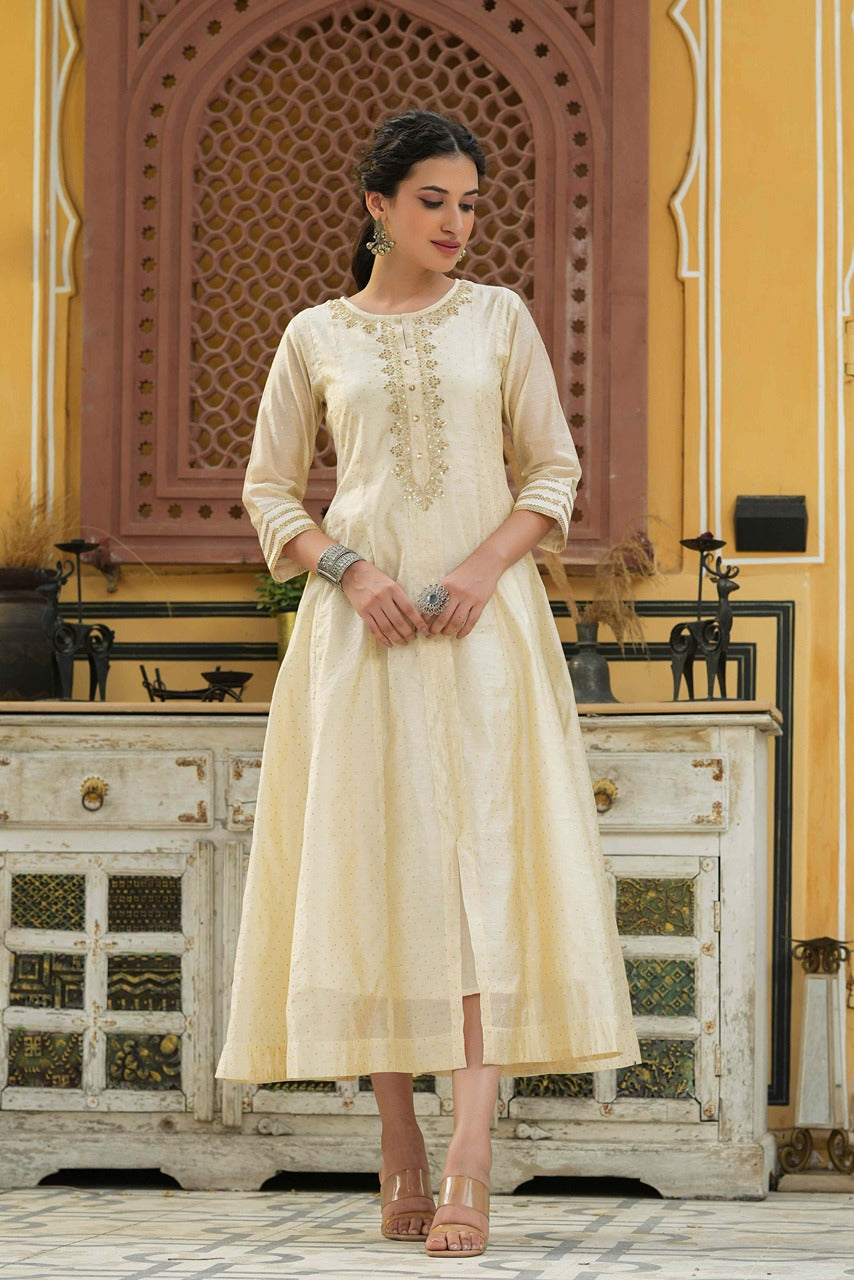 Juniper Beige Chanderi Festive Embroidered Polka Dot Printed Flared Kurta For Women