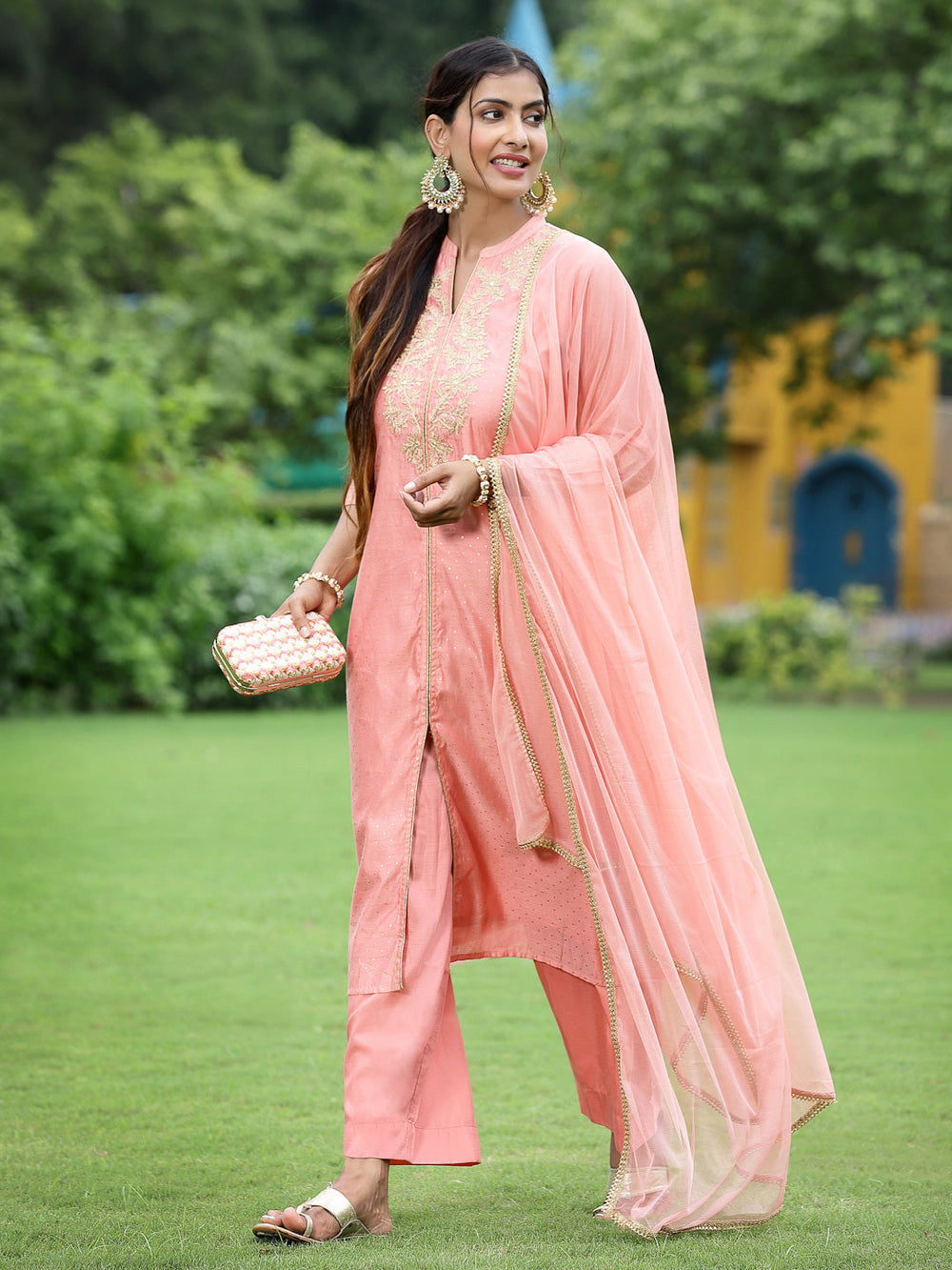 Juniper Peach Chanderi Festive Embroidered Polka Dot Printed A-line Kurta Set