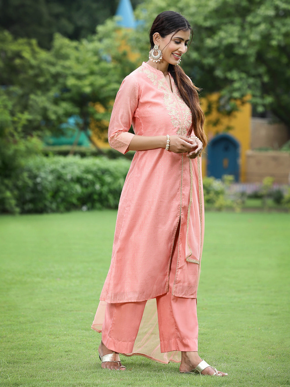 Juniper Peach Chanderi Festive Embroidered Polka Dot Printed A-line Kurta Set