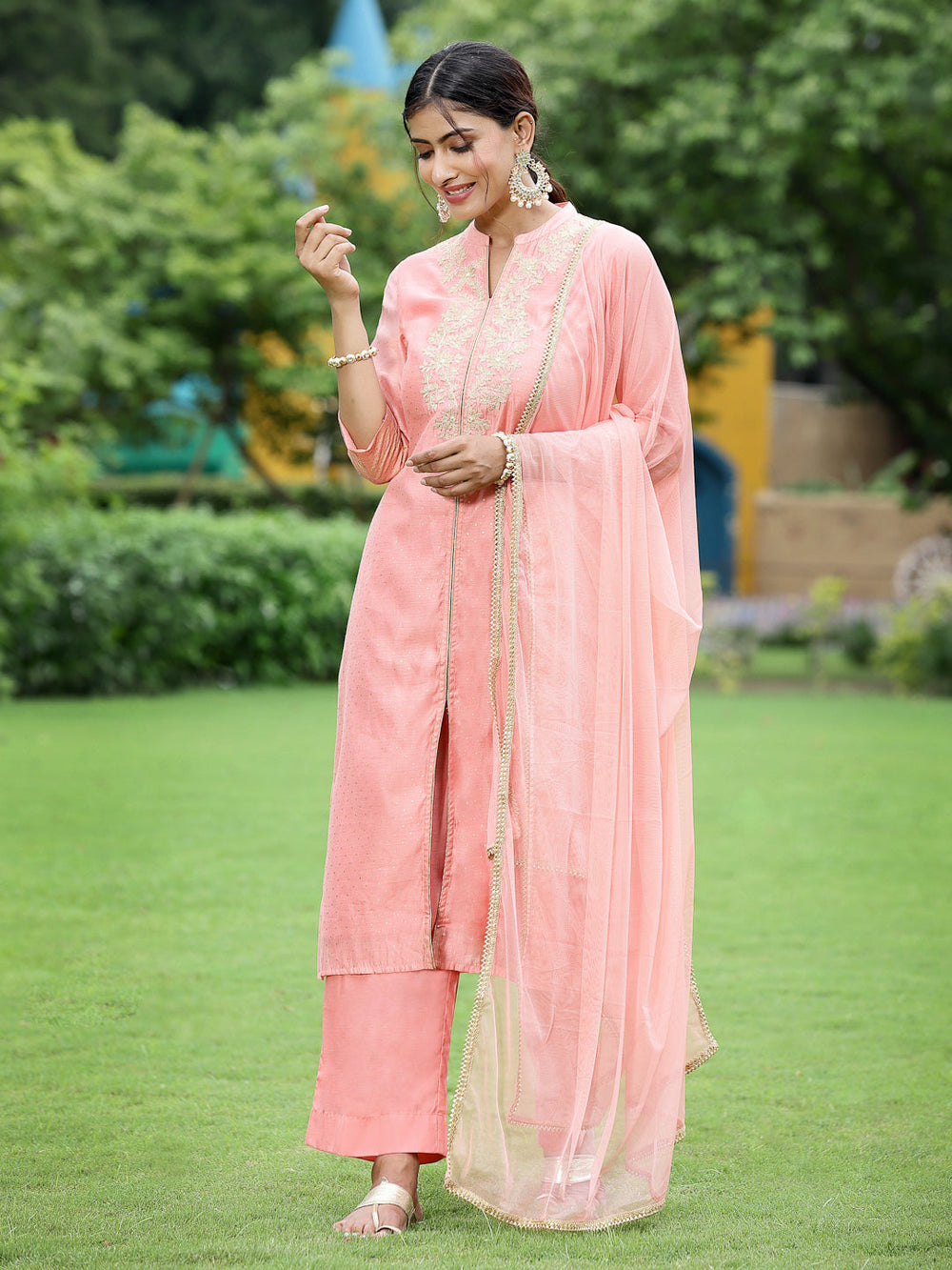 Juniper Peach Chanderi Festive Embroidered Polka Dot Printed A-line Kurta Set