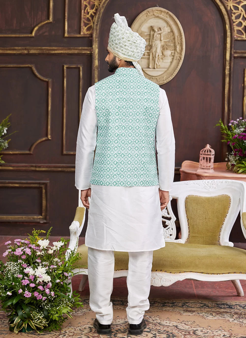 Raivat Ethnic Art Silk Digital Print Work Jacket Set In Sea Green Colour