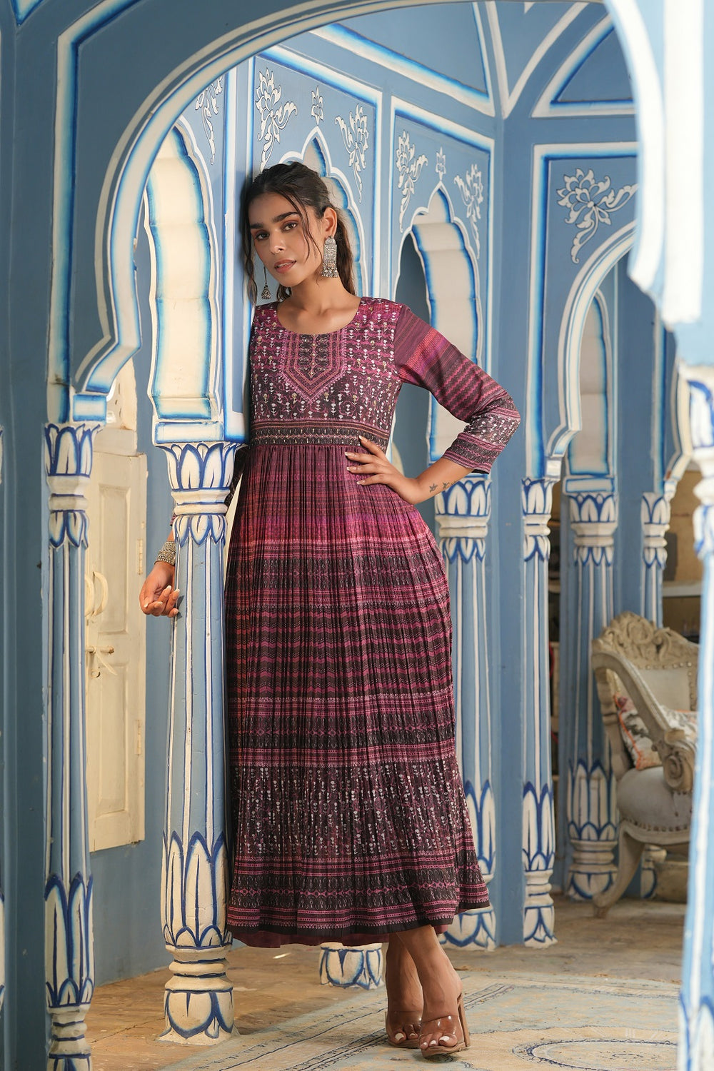 Juniper Multi Muslin Festive Printed Flared Kurta For Women
