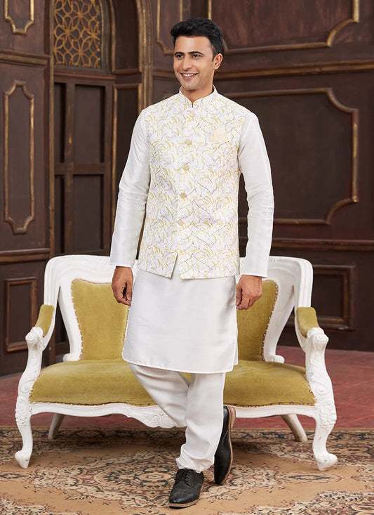 Raivat Ethnic Art Silk Digital Print Work Jacket Set In Yellow Colour