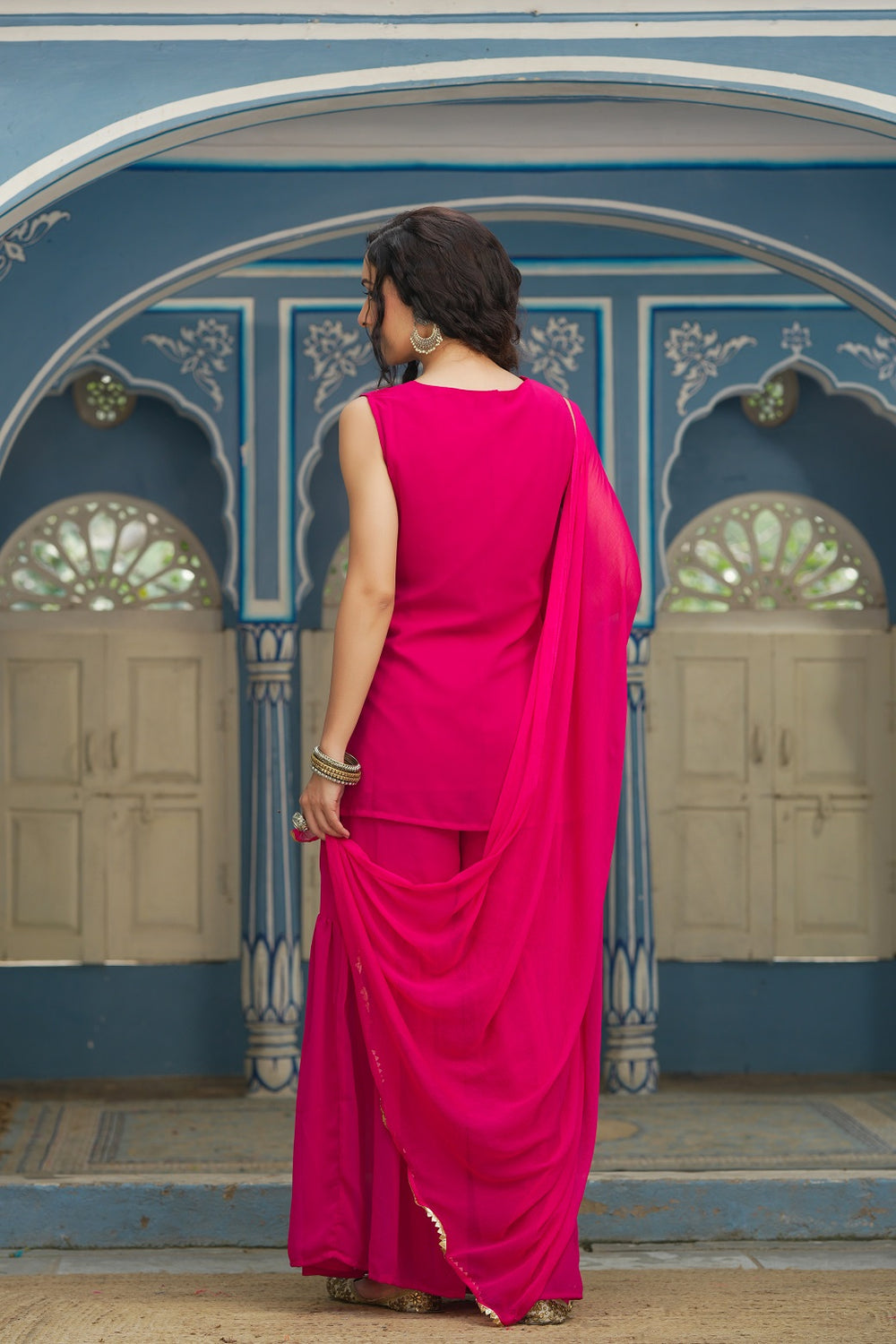 Juniper Fuchsia Georgette Festive Embroidered Straight Kurta Sharara Dupatta Set For Women