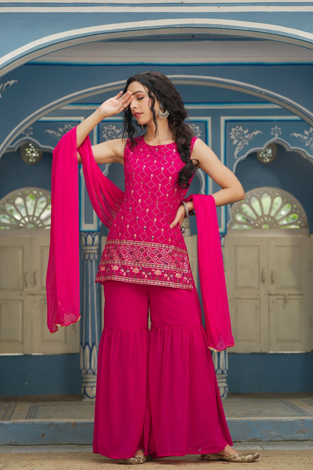 Juniper Fuchsia Georgette Festive Embroidered Straight Kurta Sharara Dupatta Set For Women