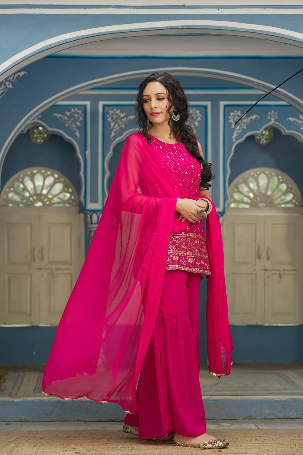Juniper Fuchsia Georgette Festive Embroidered Straight Kurta Sharara Dupatta Set For Women