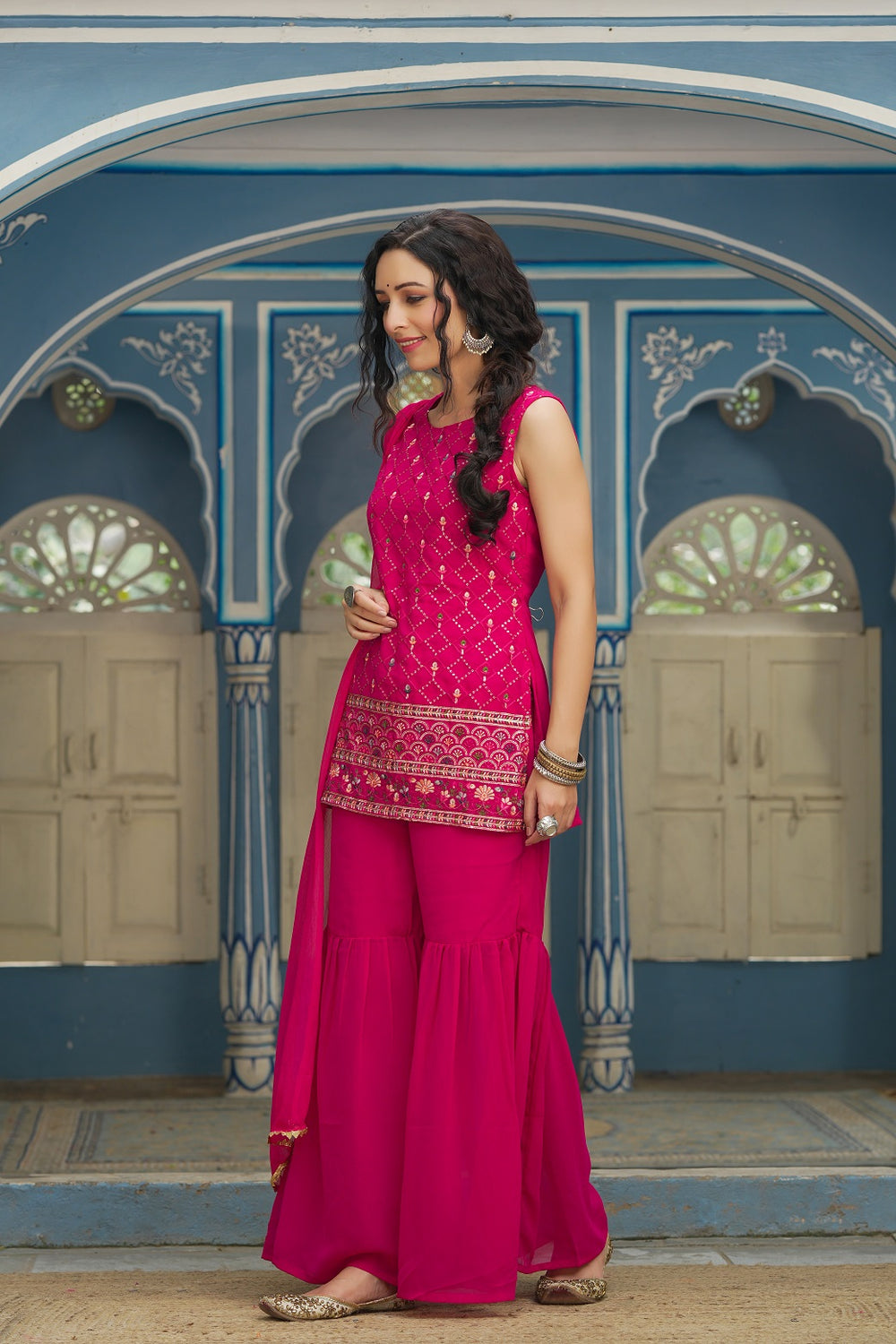 Juniper Fuchsia Georgette Festive Embroidered Straight Kurta Sharara Dupatta Set For Women