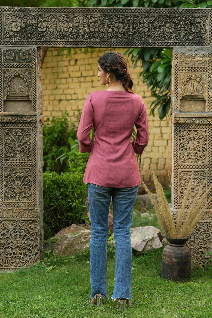 Juniper Onion Pink Rayon Festive Embroidered A-Line Tunic For Women
