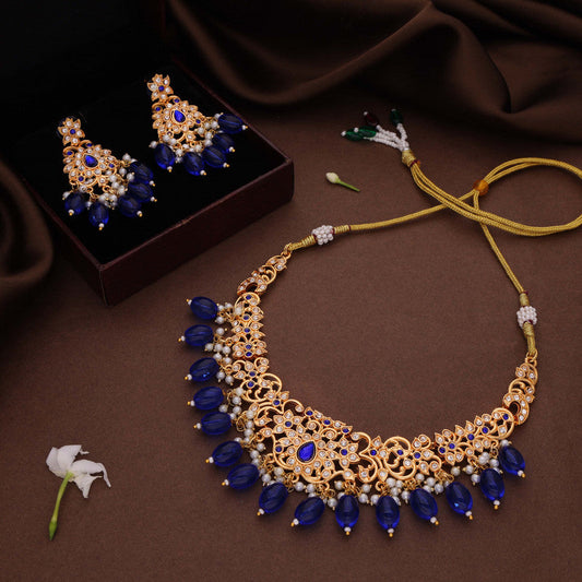 Tehzeeb Creations Gold-Polished Blue Colour Necklace With Stud