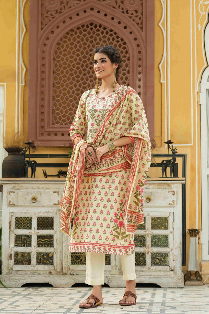 Juniper Ivory Rayon Slub Fusion Polka Print Kurta Set For Women