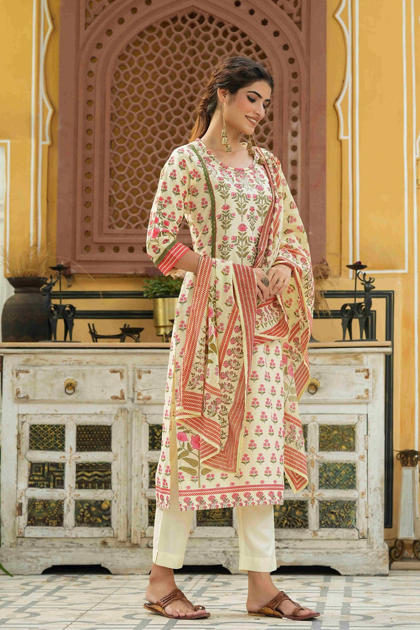 Juniper Ivory Rayon Slub Fusion Polka Print Kurta Set For Women