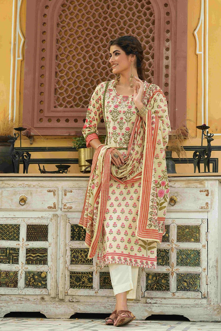 Juniper Ivory Rayon Slub Fusion Polka Print Kurta Set For Women