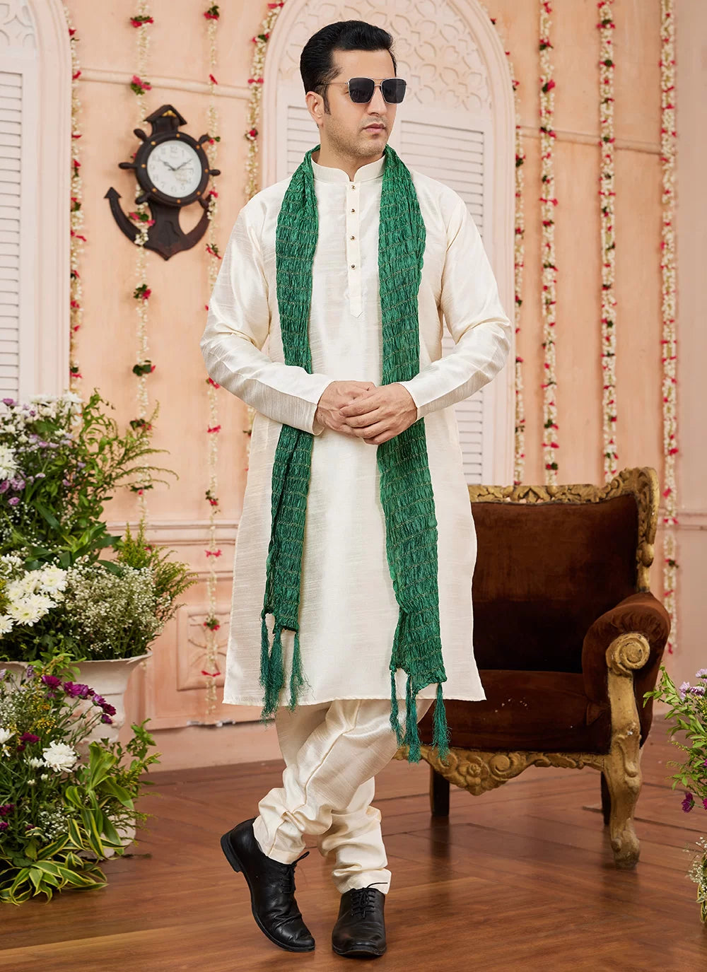 Raivat Ethnic Beige Colour Art Silk Kurta Pajama With Matching Dupatta