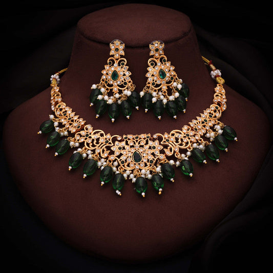 Tehzeeb Creations Gold-Polished Green Colour Necklace With Stud