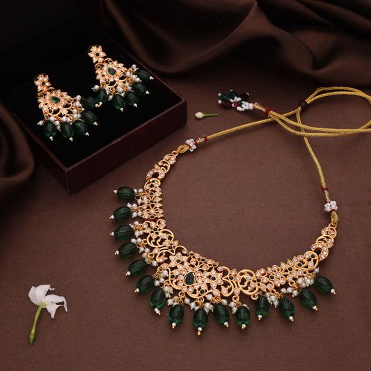Tehzeeb Creations Gold-Polished Green Colour Necklace With Stud