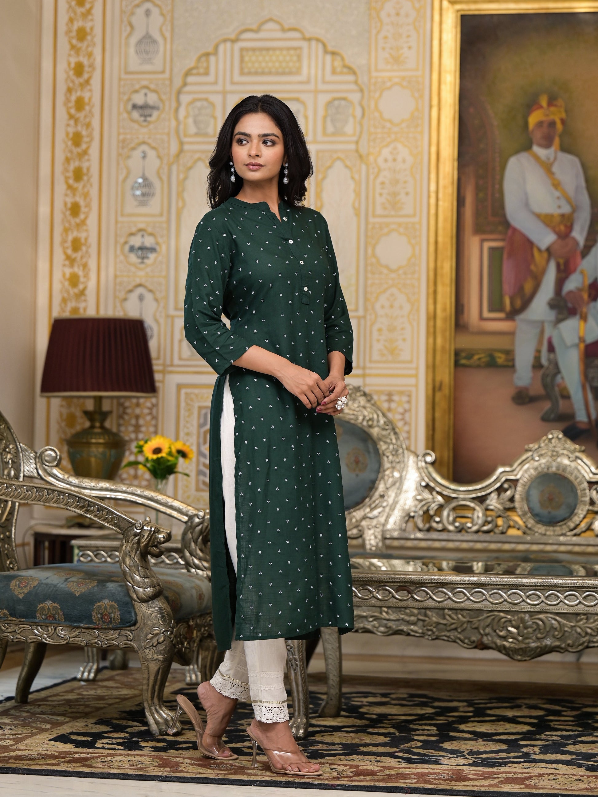 Juniper Women's Bottle Green Liva Rayon Kurta With Buttons Details