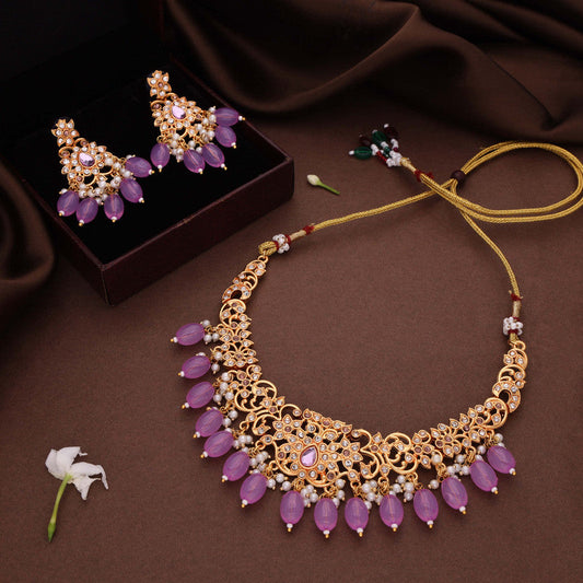 Tehzeeb Creations Gold-Polished Lavender Colour Necklace With Stud