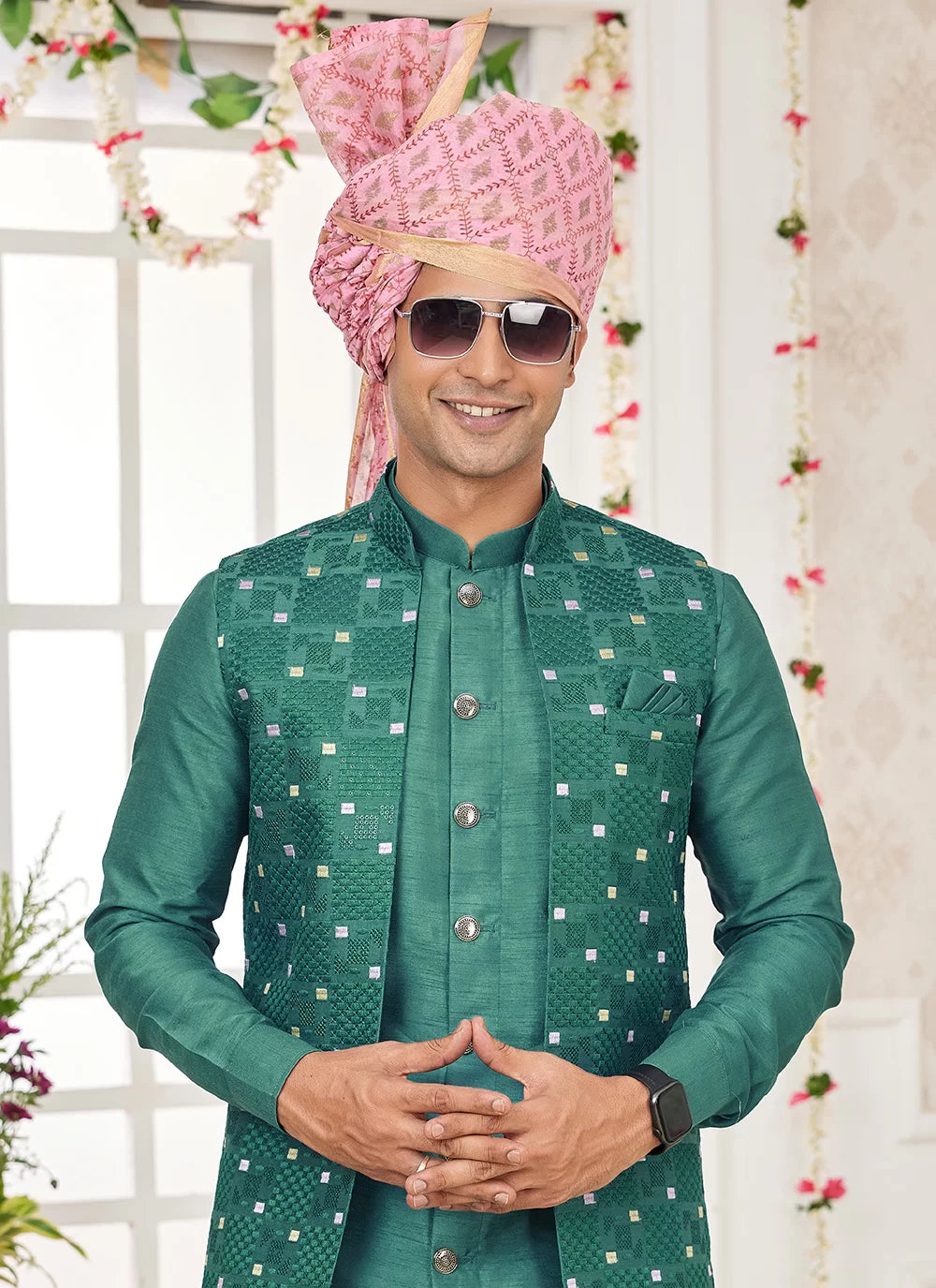 Raivat Ethnic Art Silk Embroidery Work Jacket Set In Green Colour