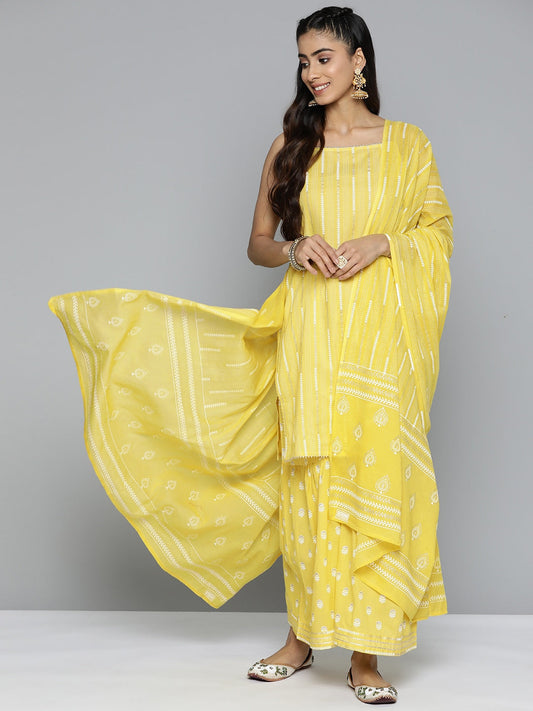 HERE&NOW Ethnic Motifs Printed Gotta Patti Pure Cotton Kurta with Sharara & Dupatta
