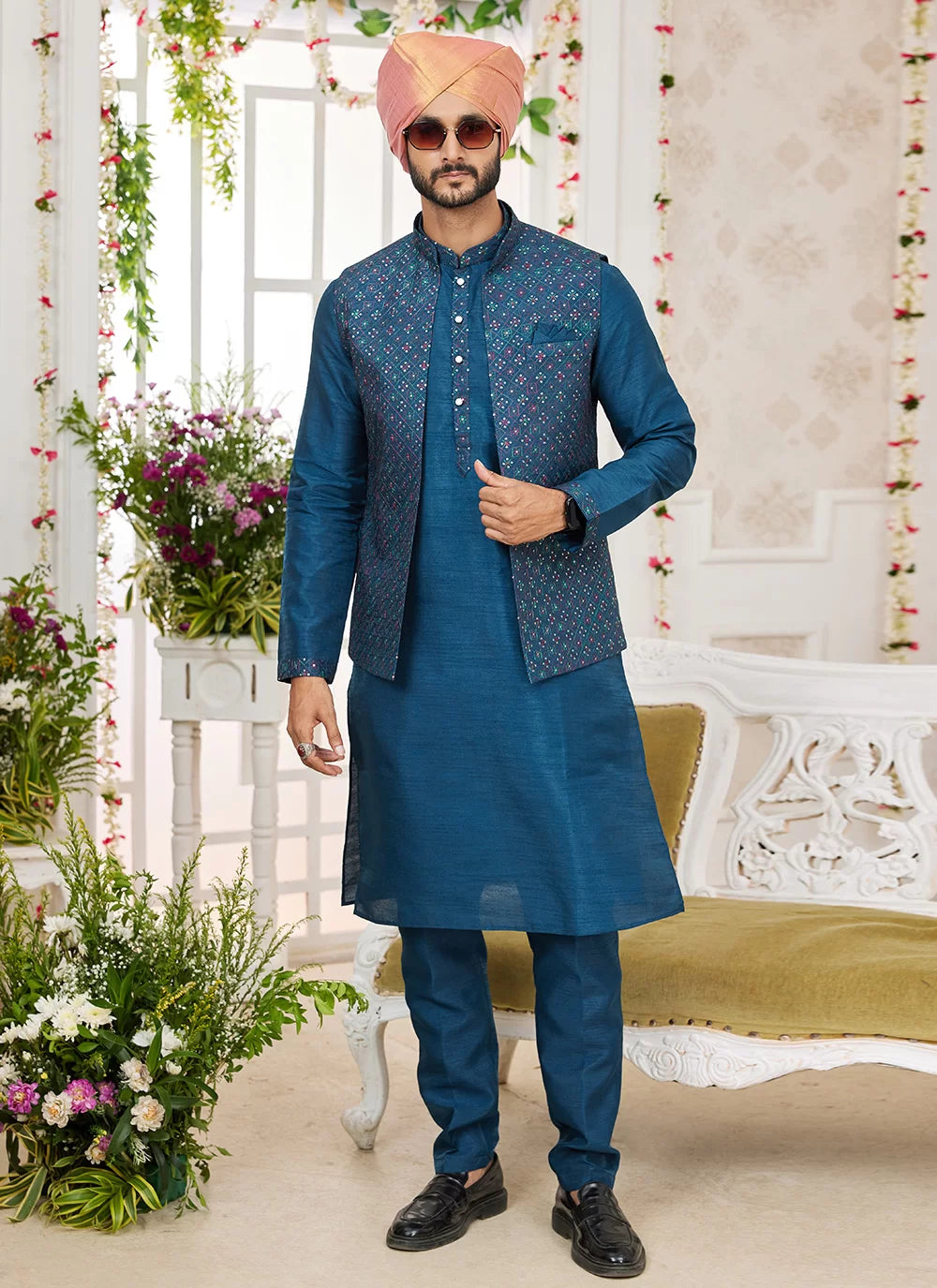 Raivat Ethnic Art Silk Embroidery Work Jacket Set In Teal Blue Colour