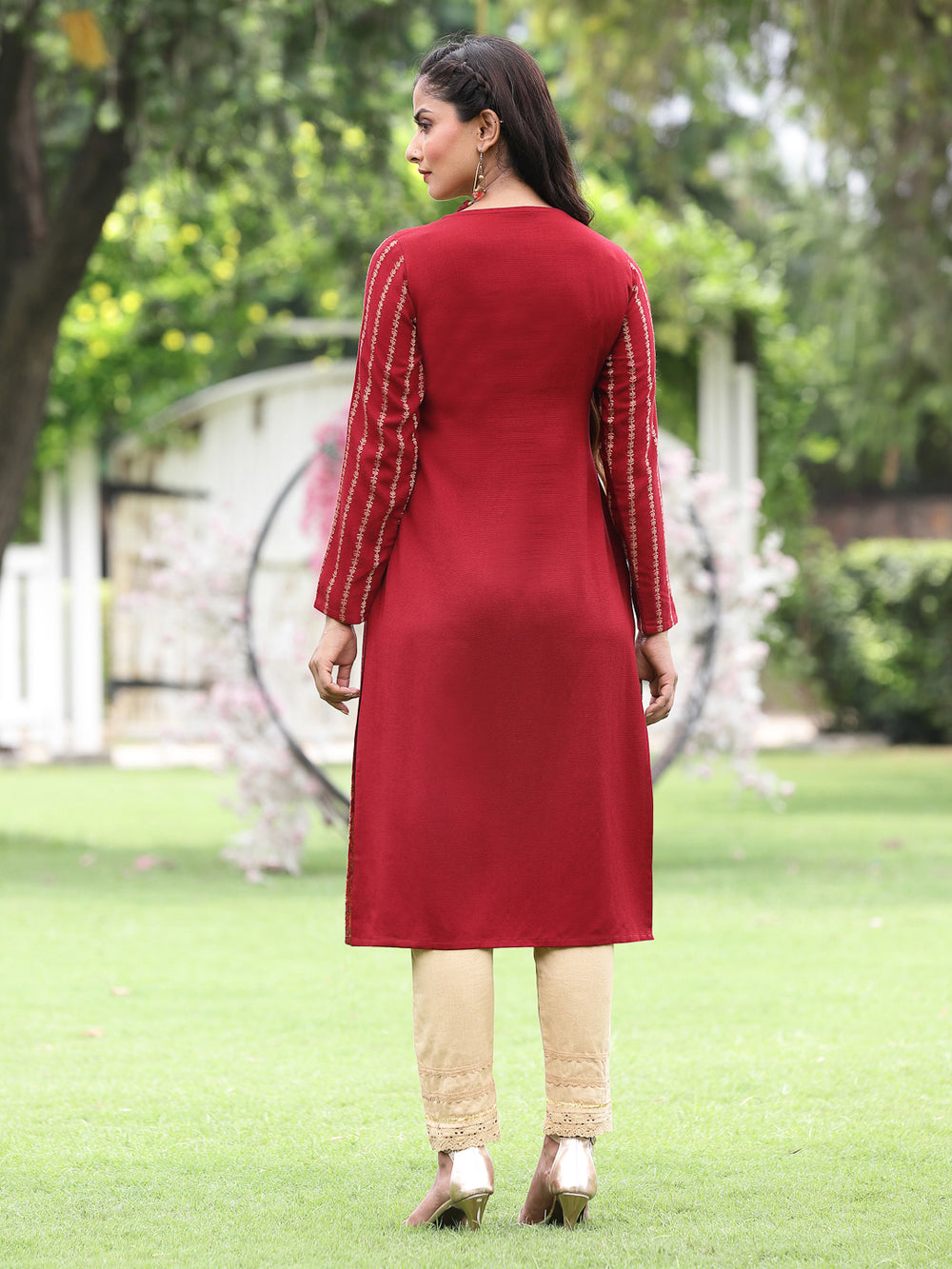 Juniper Women Women's Acrylyc Viscose Jaquard Knit Maroon Printed Straight Festive Kurta