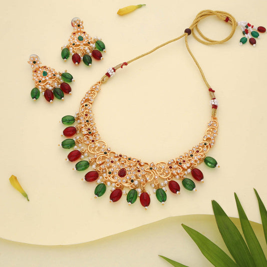 Tehzeeb Creations Gold-Polished Maroon Colour Necklace With Stud