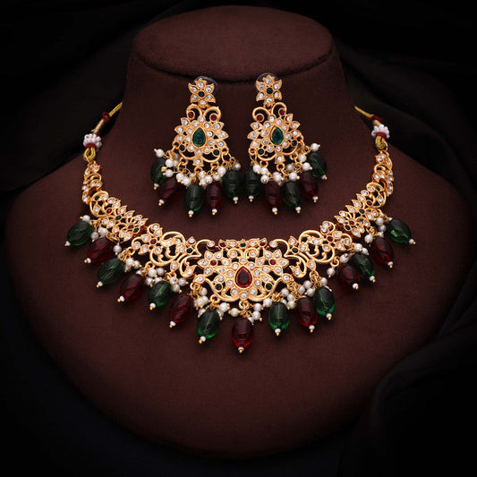 Tehzeeb Creations Gold-Polished Maroon Colour Necklace With Stud