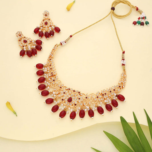 Tehzeeb Creations Gold-Polished Maroon & Green Colour Necklace With Stud