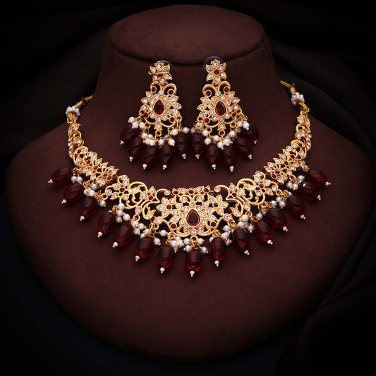 Tehzeeb Creations Gold-Polished Maroon & Green Colour Necklace With Stud