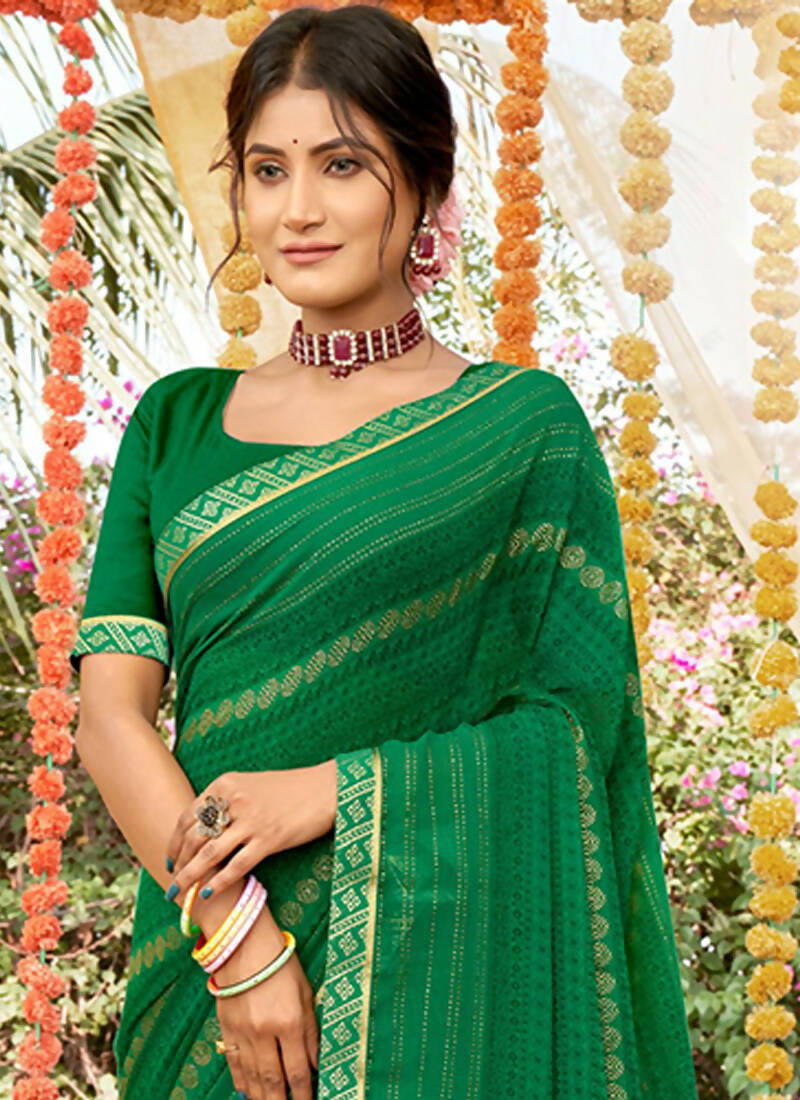 Green Georgette Foil Printed Saree with Unstitched Blouse Piece - Avika