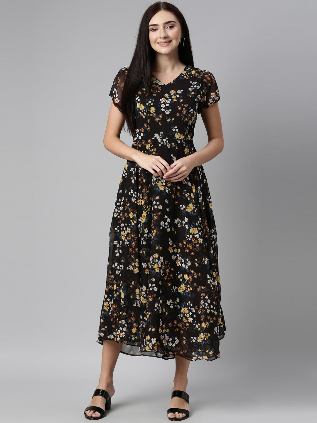 Souchii Women Black Floral Chiffon Maxi Dress 