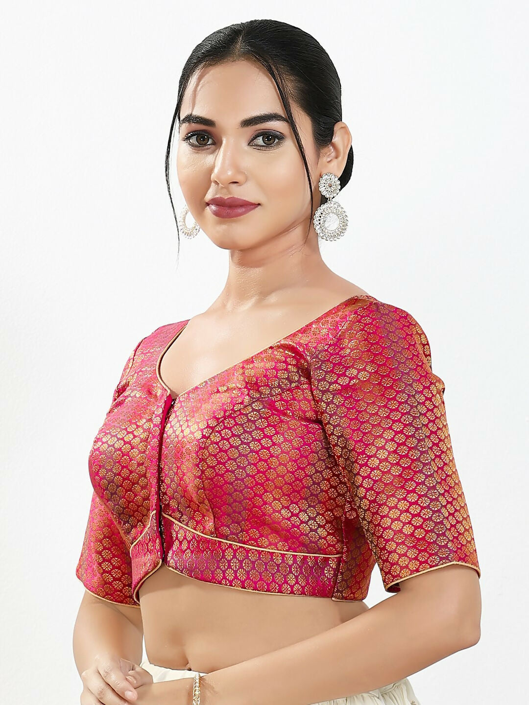 Joban Fashion Pink Brocade Padded Blouse With Sweetheart Neck Elbow Sleeves