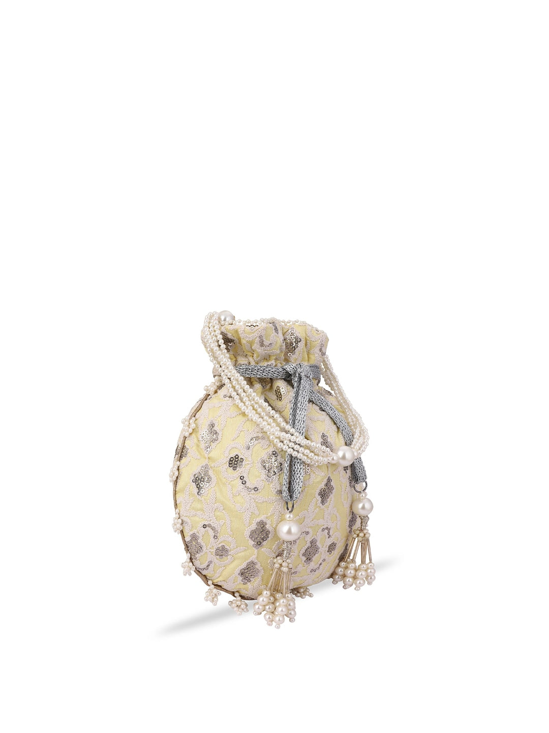 Masq Women Yellow & Grey Embellished Embroidered Potli Clutch 