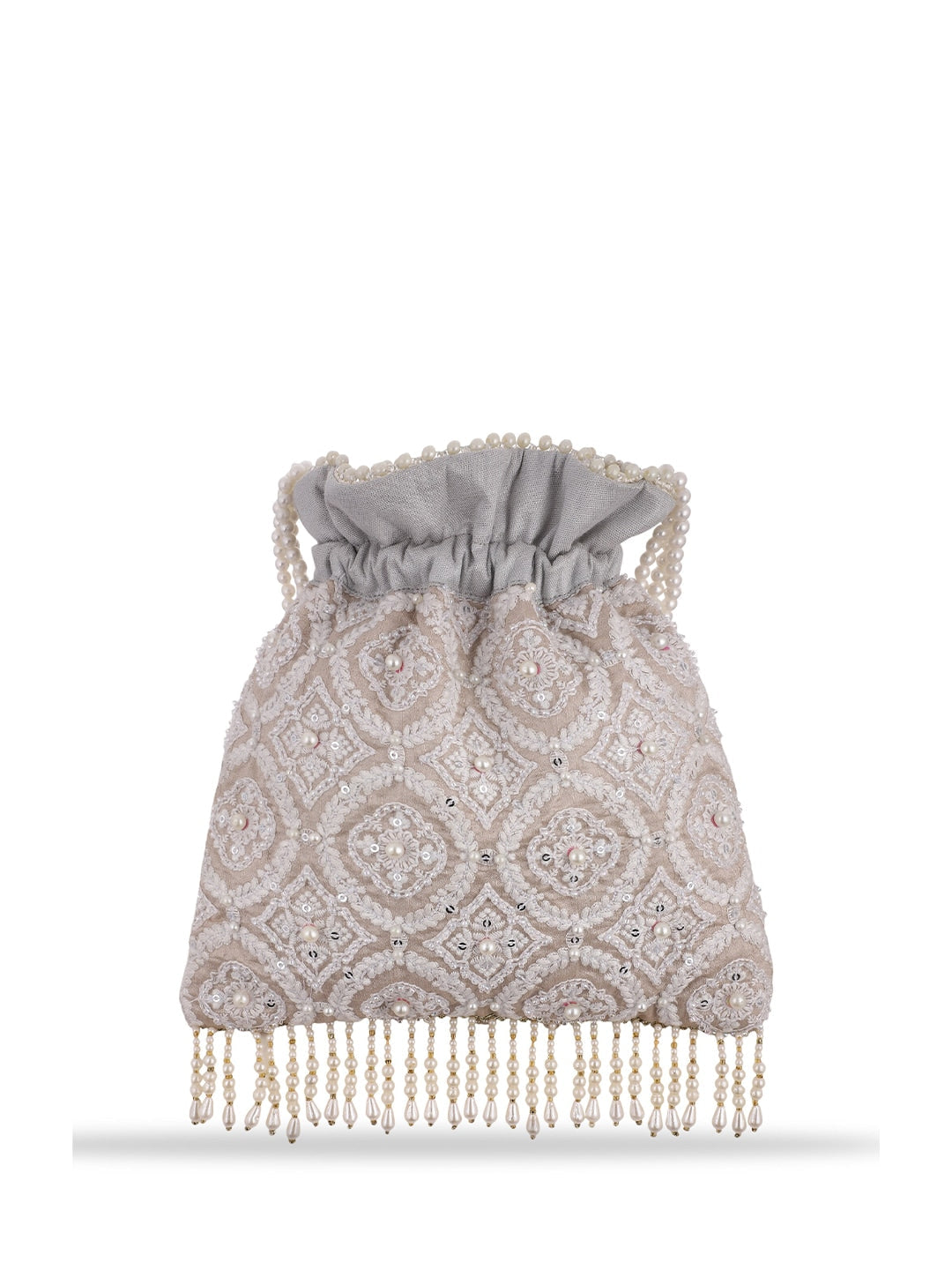 Masq Tan & White Embroidered Potli Clutch - Grab2buy