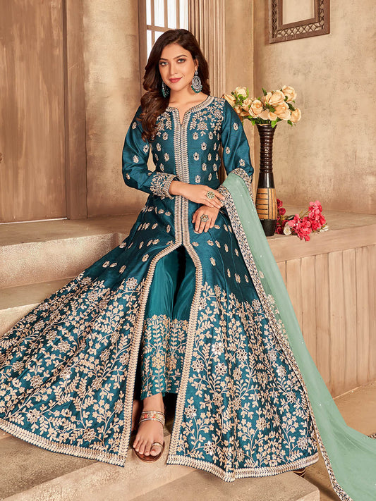 Myra Teal Art Silk Embroidered Anarkali Suit 